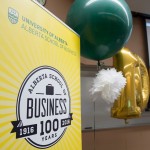 Centennial banners, giant '100' balloons, and colored balloons decorated the 'Viewing & Reflection Lounge'.